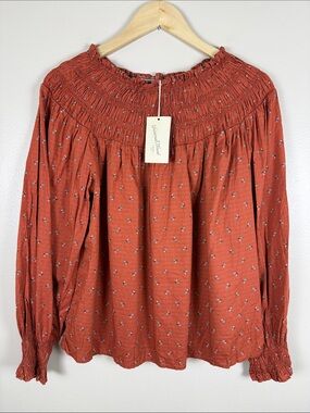 Universal Thread Rust Orange Floral Smocked Yoke Long-Sleeve Top. Medium